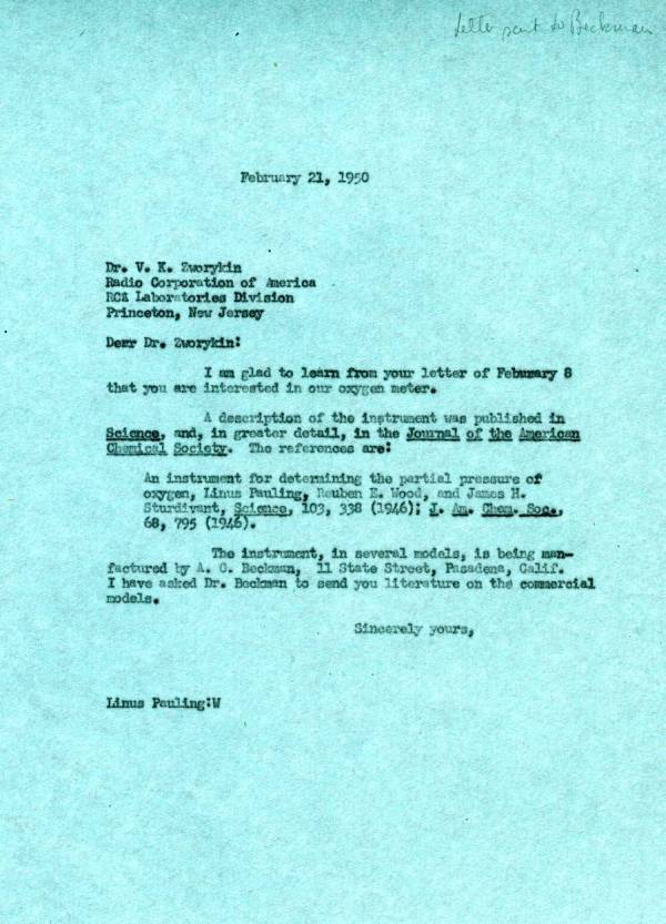 Letter from Linus Pauling to V.K. Zworykin. Page 1. February 21, 1950