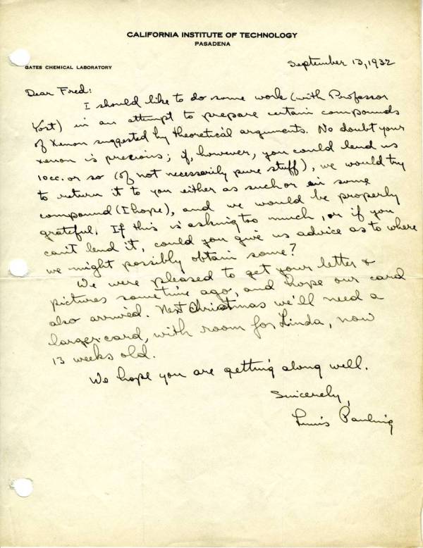 Letter from Linus Pauling to Fred Allen. Page 1. September 13, 1932