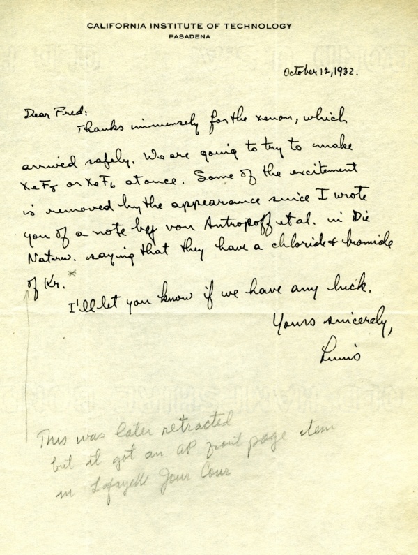 Letter from Linus Pauling to Fred Allen. Page 1. October 12, 1932