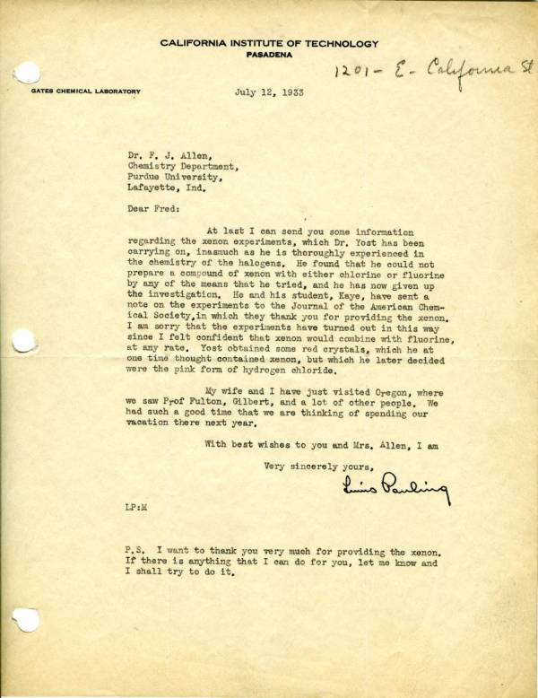 Letter from Linus Pauling to Fred Allen. Page 1. July 12, 1933