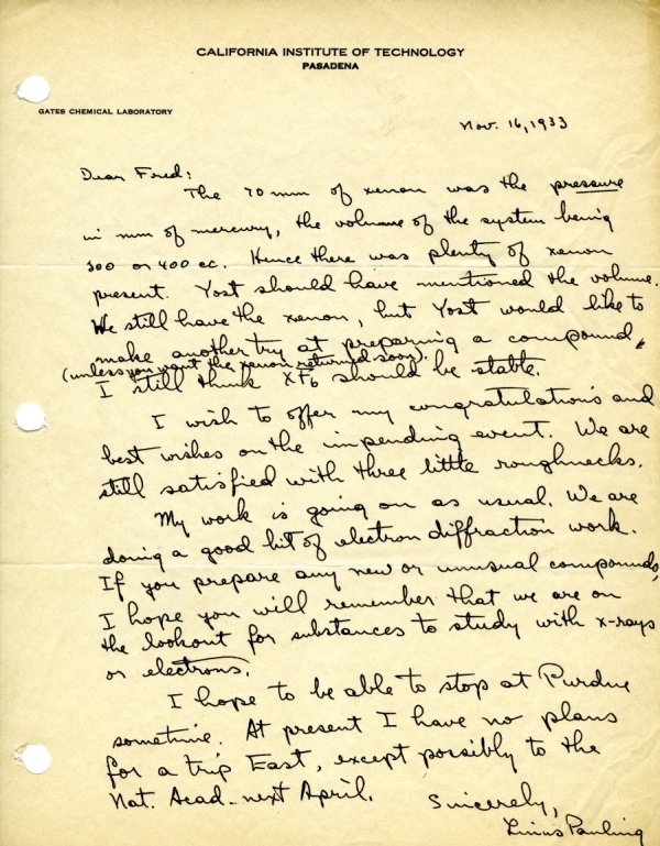Letter from Linus Pauling to Fred Allen. Page 1. November 16, 1933