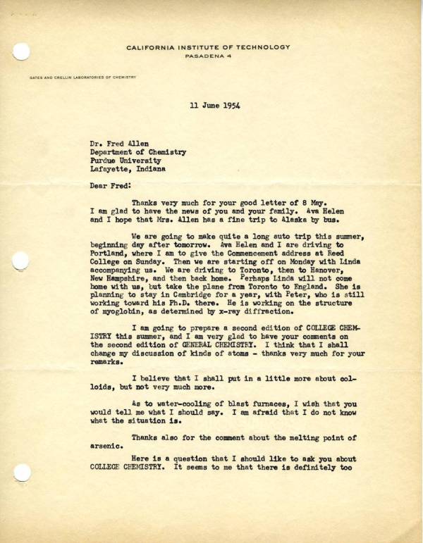 Letter from Linus Pauling to Fred Allen. Page 1. June 11, 1954