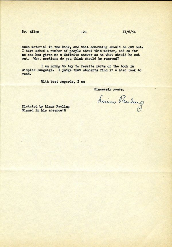 Letter from Linus Pauling to Fred Allen. Page 2. June 11, 1954