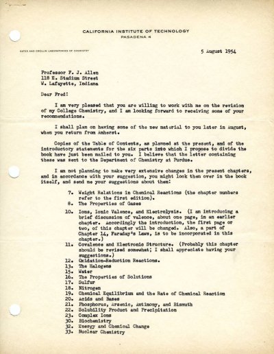 Letter from Linus Pauling to Fred Allen. Page 1. August 5, 1954