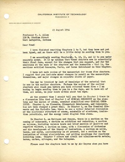 Letter from Linus Pauling to Fred Allen. Page 1. August 23, 1954