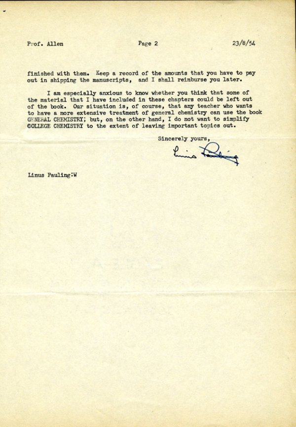 Letter from Linus Pauling to Fred Allen. Page 2. August 23, 1954