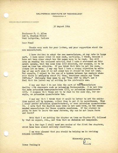 Letter from Linus Pauling to Fred Allen. Page 1. August 30, 1954