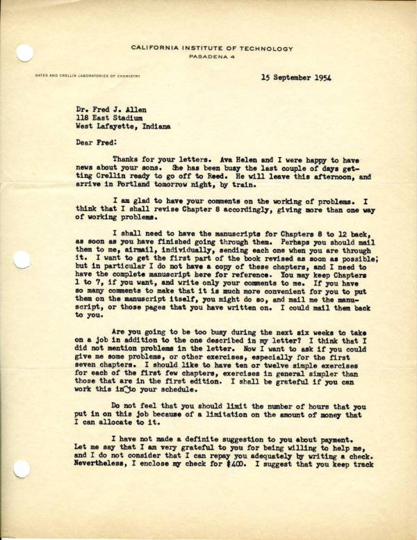 Letter from Linus Pauling to Fred Allen. Page 1. September 15, 1954