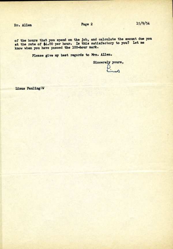Letter from Linus Pauling to Fred Allen. Page 2. September 15, 1954