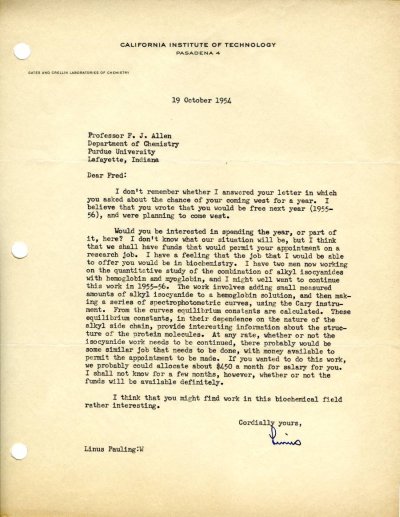 Letter from Linus Pauling to Fred Allen. Page 1. October 19, 1954