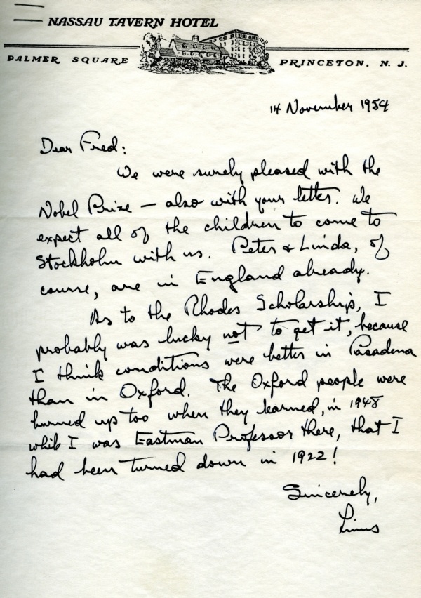 Letter from Linus Pauling to Fred Allen. Page 1. November 14, 1954