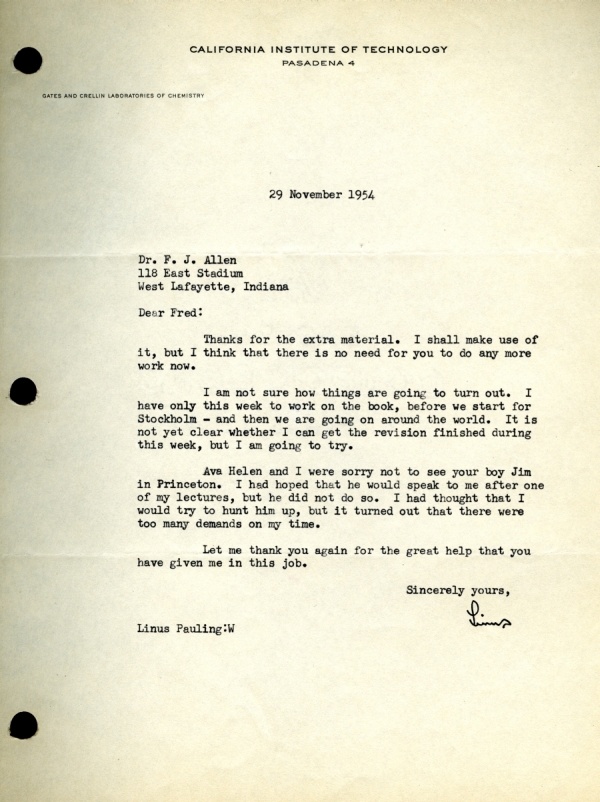 Letter from Linus Pauling to Fred Allen. Page 1. November 29, 1954
