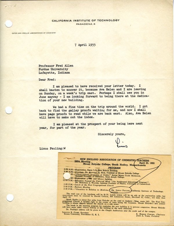 Letter from Linus Pauling to Fred Allen. Page 1. April 7, 1955