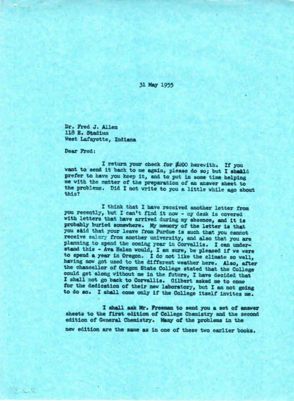 Letter from Linus Pauling to Fred Allen. Page 1. May 31, 1955