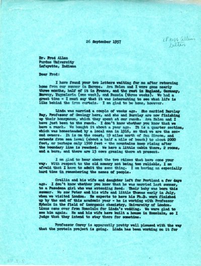 Letter from Linus Pauling to Fred Allen. Page 1. September 26, 1957