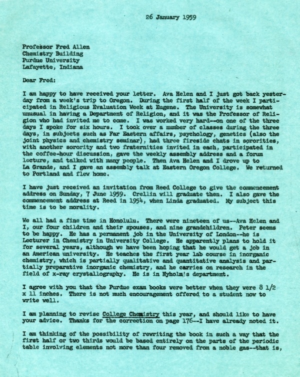 Letter from Linus Pauling to Fred Allen. Page 1. January 26, 1959