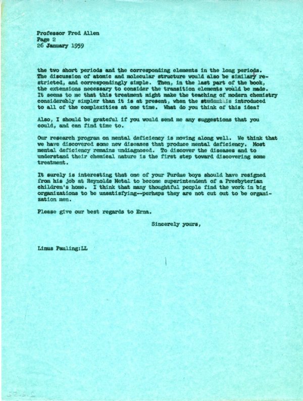 Letter from Linus Pauling to Fred Allen. Page 2. January 26, 1959