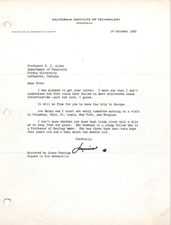 Letter from Linus Pauling to Fred Allen. Page 1. October 24, 1962