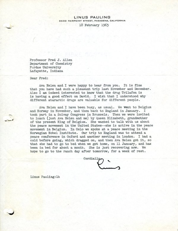 Letter from Linus Pauling to Fred J. Allen. Page 1. February 18, 1963