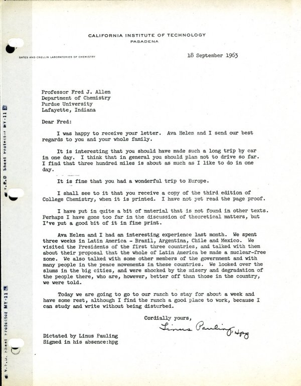 Letter from linus Pauling to Fred Allen. Page 1. September 18, 1963