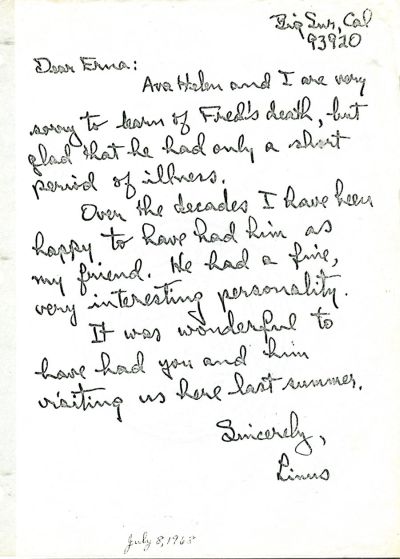 Letter from Linus Pauling to Erna Allen. Page 1. July 8, 1968