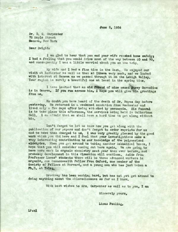 Letter from Linus Pauling to Dwight C. Carpenter. Page 1. June 5, 1936