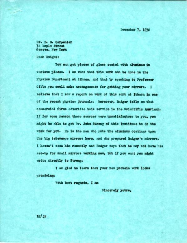 Letter from Linus Pauling to Dwight C. Carpenter. Page 1. December 7, 1938