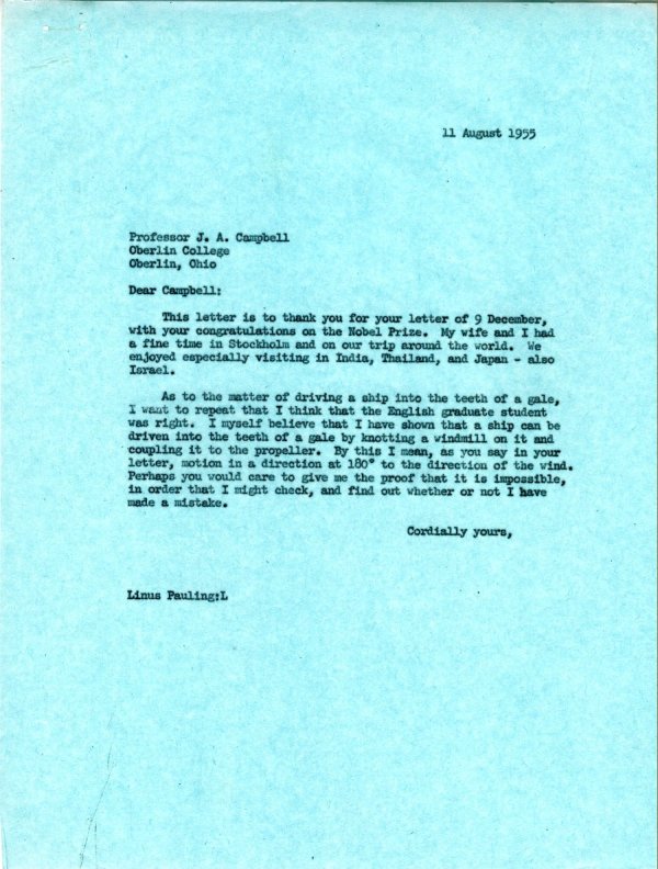 Letter from Linus Pauling to J.A. Campbell. Page 1. August 11, 1955