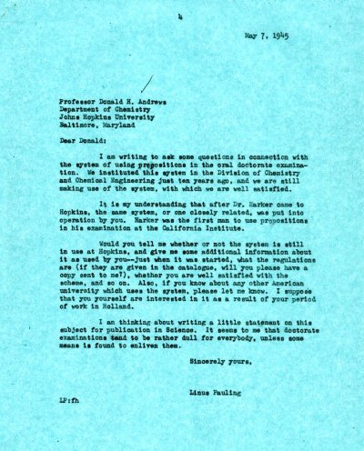 Letter from Linus Pauling to Donald H. Andrews. Page 1. May 7, 1945