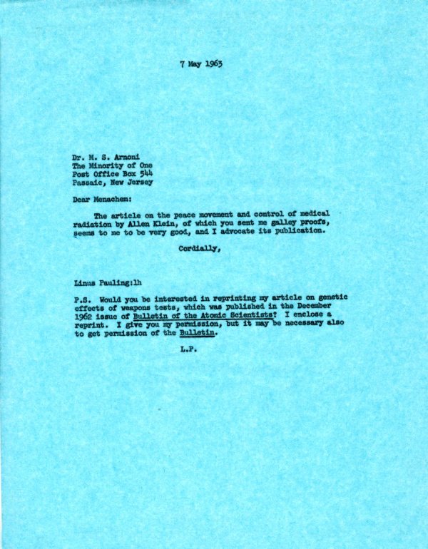 Letter from Linus Pauling to Dr. M.S. Arnoni. Page 1. May 7, 1963