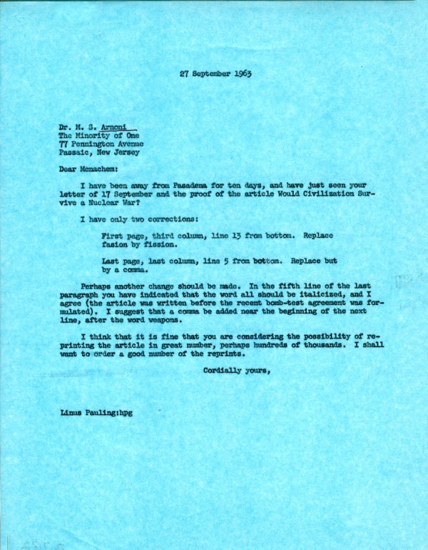 Letter from Linus Pauling to M. S. Arnoni. Page 1. September 27, 1963