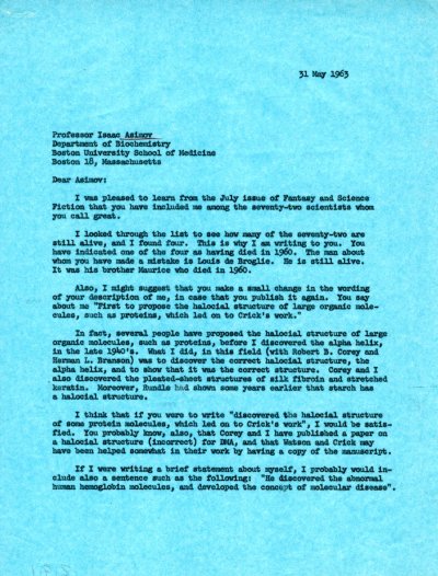 Letter from Linus Pauling to Isaac Asimov. Page 1. May 31, 1963