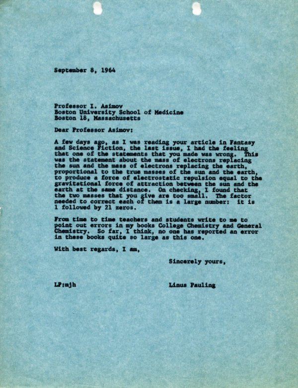 Letter from Linus Pauling to Isaac Asimov. Page 1. September 8, 1964