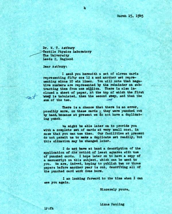 Letter from Linus Pauling to William T. Astbury. Page 1. March 15, 1945