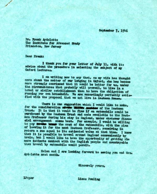 Letter from Linus Pauling to Frank Aydelotte. Page 1. September 7, 1946