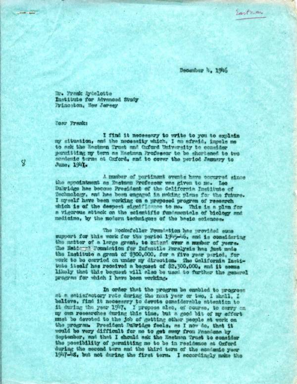 Letter from Linus Pauling to Frank Aydelotte. Page 1. December 4, 1946