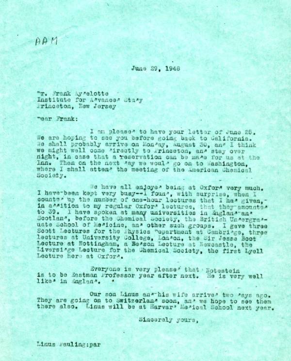 Letter from Linus Pauling to Frank Aydelotte. Page 1. June 29, 1948