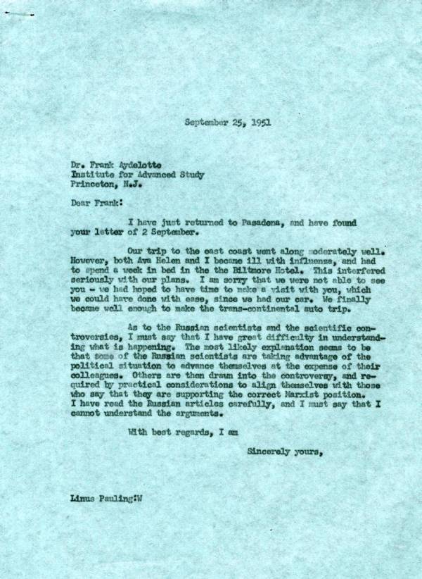 Letter from Linus Pauling to Frank Aydelotte. Page 1. September 25, 1951
