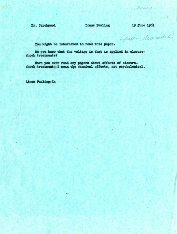 Memorandum from Linus Pauling to Frank Catchpool. Page 1. June 19, 1961