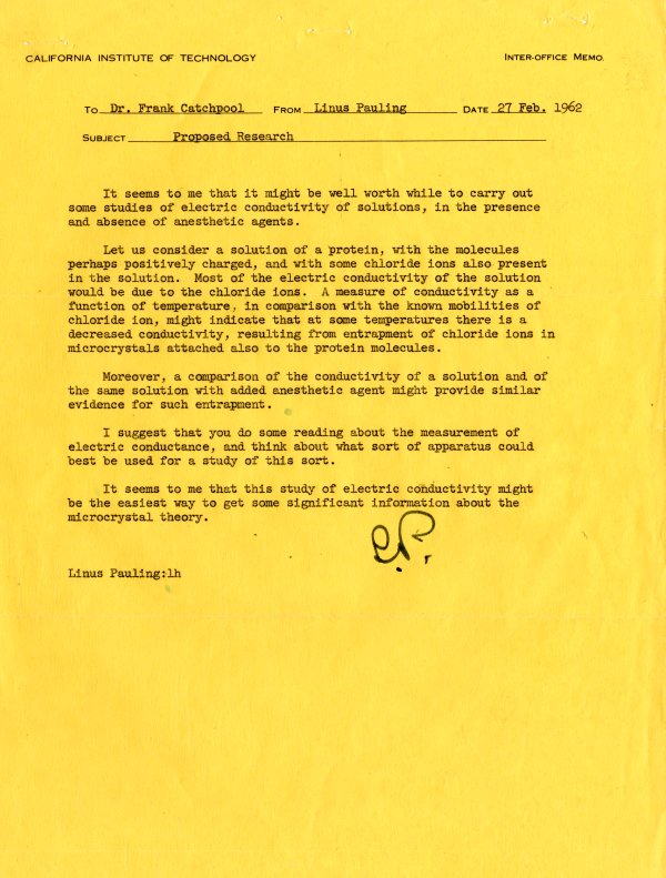 Memorandum from Linus Pauling to Frank Catchpool. Page 1. February 27, 1962