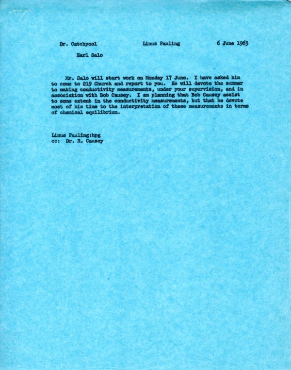 Letter from Linus Pauling to Frank Catchpool. Page 1. June 6, 1963