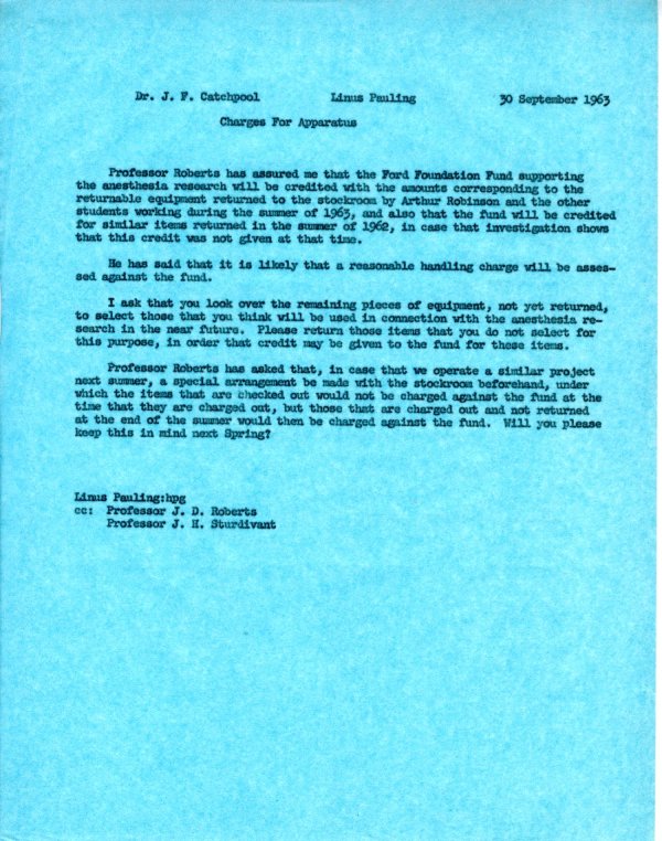 Memo from Linus Pauling to Frank Catchpool. Page 1. September 30, 1963