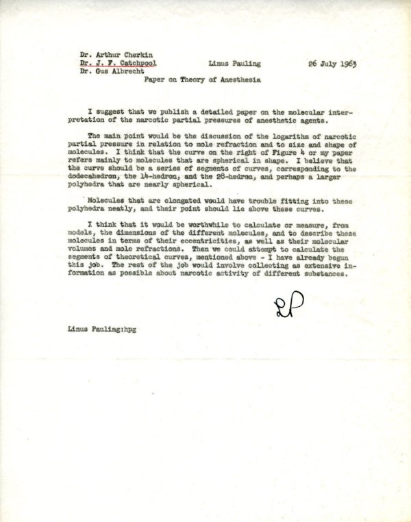 Memo from Linus Pauling to Arthur Cherkin, Frank Catchpool, and Gustav Albrecht. Page 1. July 26, 1963