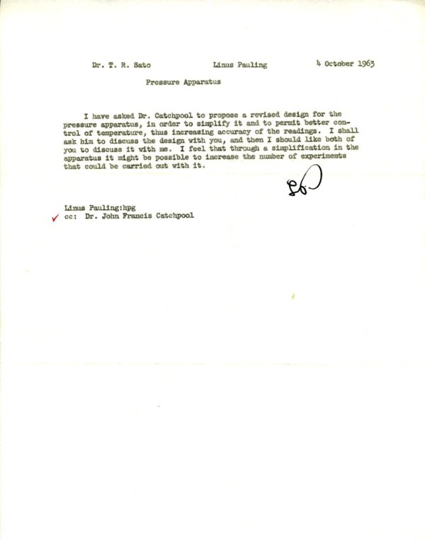 Memo from Linus Pauling to T. R. Sato. Page 1. October 4, 1963