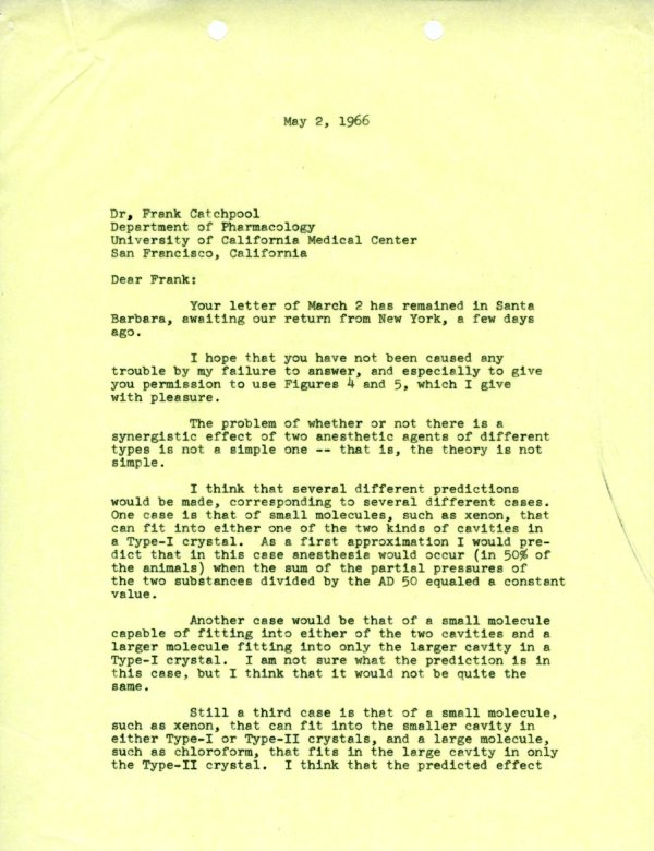 Letter from Linus Pauling to Frank Catchpool. Page 1. May 2, 1966
