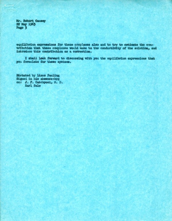 Letter from Linus Pauling to Robert Causey. Page 3. May 22, 1963