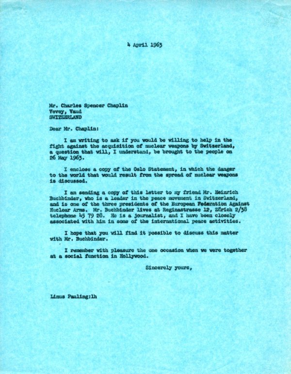 Letter from Linus Pauling to Charles Spencer Chaplin. Page 1. April 4, 1963