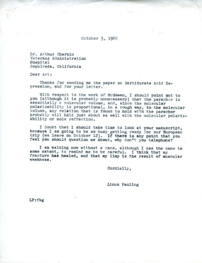 Letter from Linus Pauling to Arthur Cherkin. Page 1. October 3, 1966