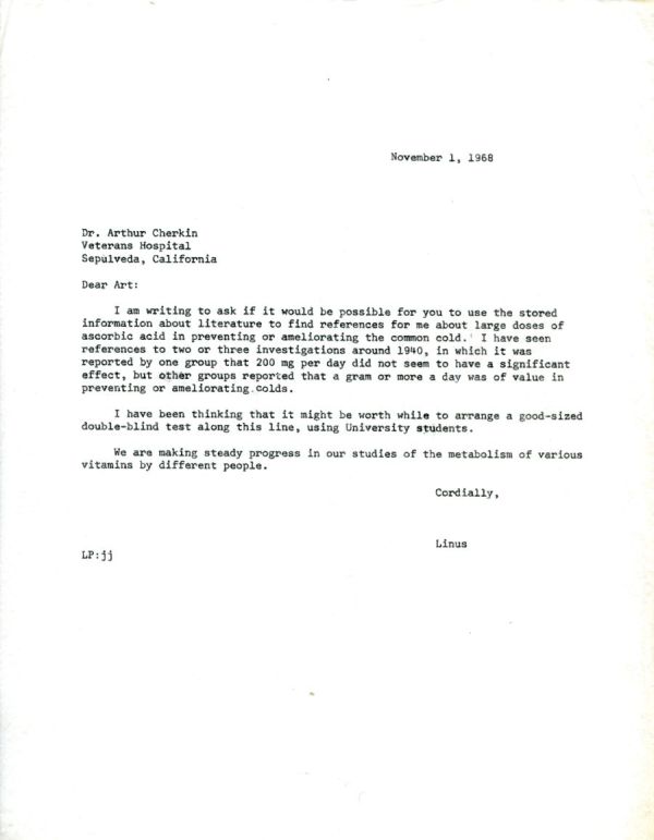 Letter from Linus Pauling to Arthur Cherkin. Page 1. November 1, 1968
