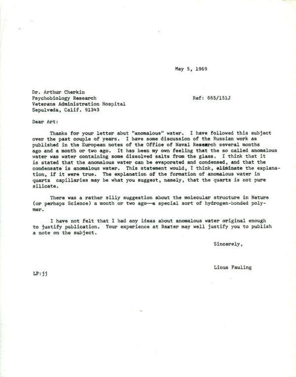 Letter from Linus Pauling to Arthur Cherkin. Page 1. May 5, 1969